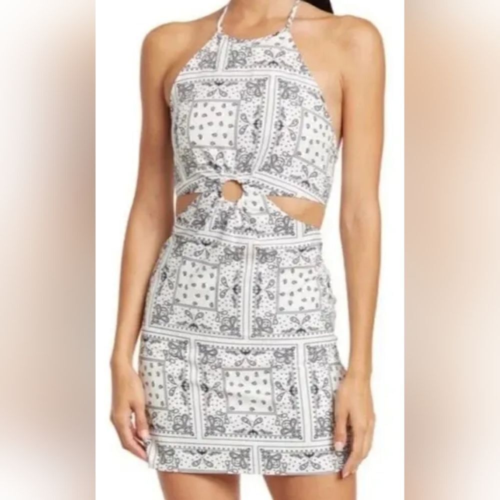 Elodie Womens Halter Neck Dress Bandana Print Black White Cutout NWT Size Large